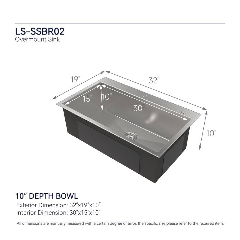 Kitchen Sink, 32″x19″ Single Bowl, Overmount Handmade Sink in Brushed Nickel, with US Standard Drain and Hook