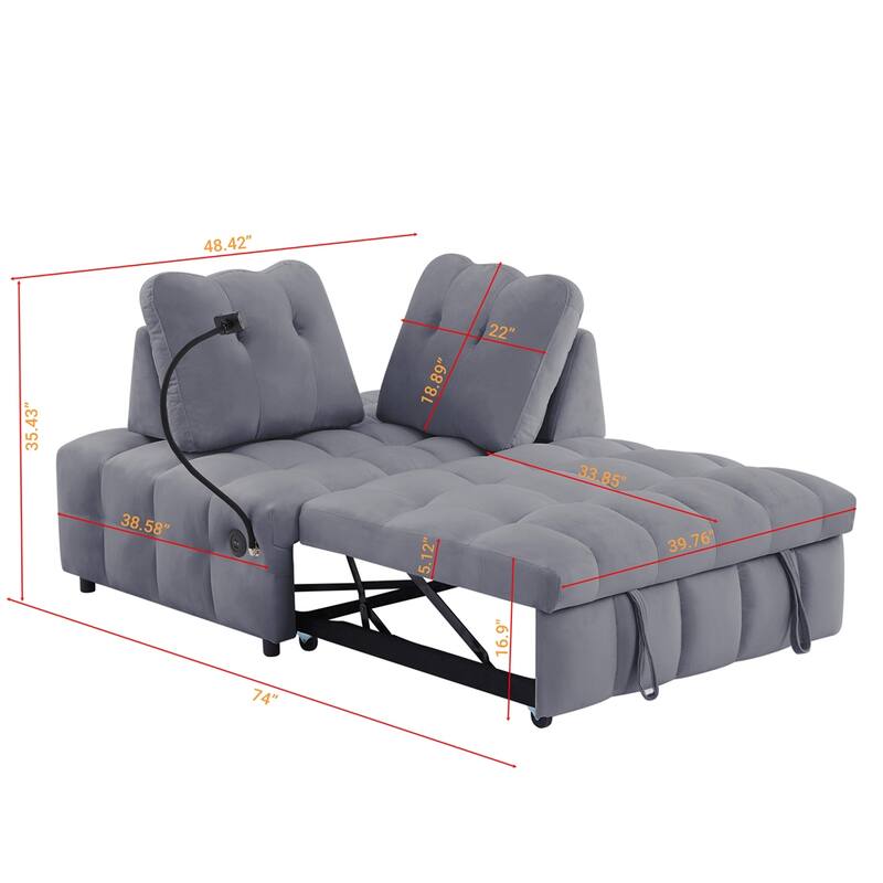 Velvet Pull Out Sofa with Removable Backrest,USB Port and Phone Stand
