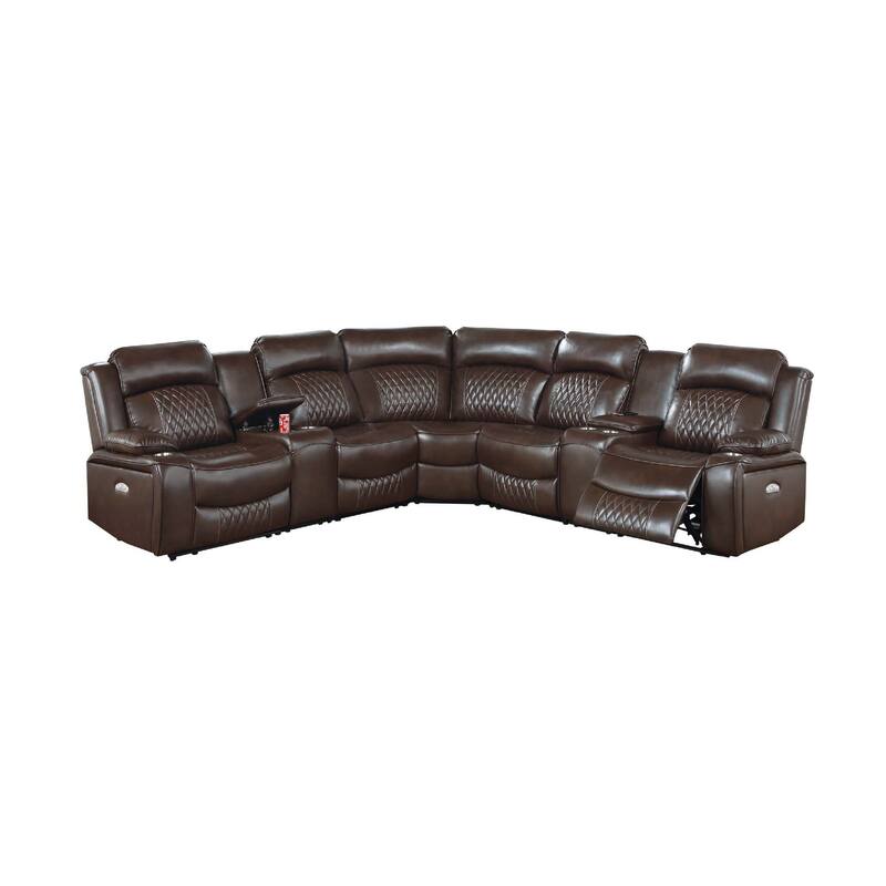 Ina Power Sectional Recliner L Shape Sofa, Console, Brown Faux Leather