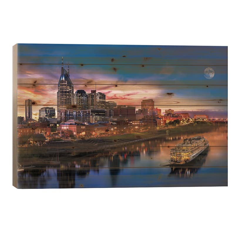 Moon Over Nashville Print On Wood by Jonathan Ross Photography - Multi-Color - 26x40x1.5