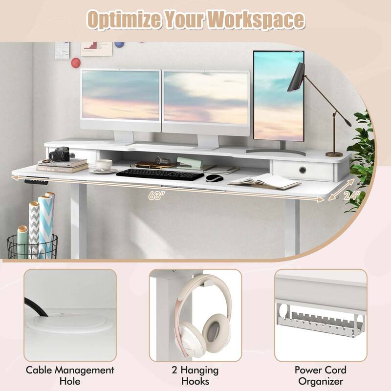 Costway 63" x 24" Electric Standing Desk with 2 Drawers Monitor Stand - See Details