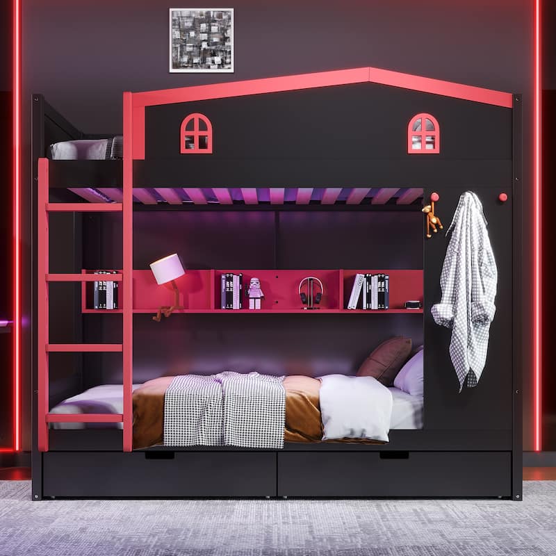 Queen over Queen Bunk Bed with Storage Drawers, Shelves & Hooks