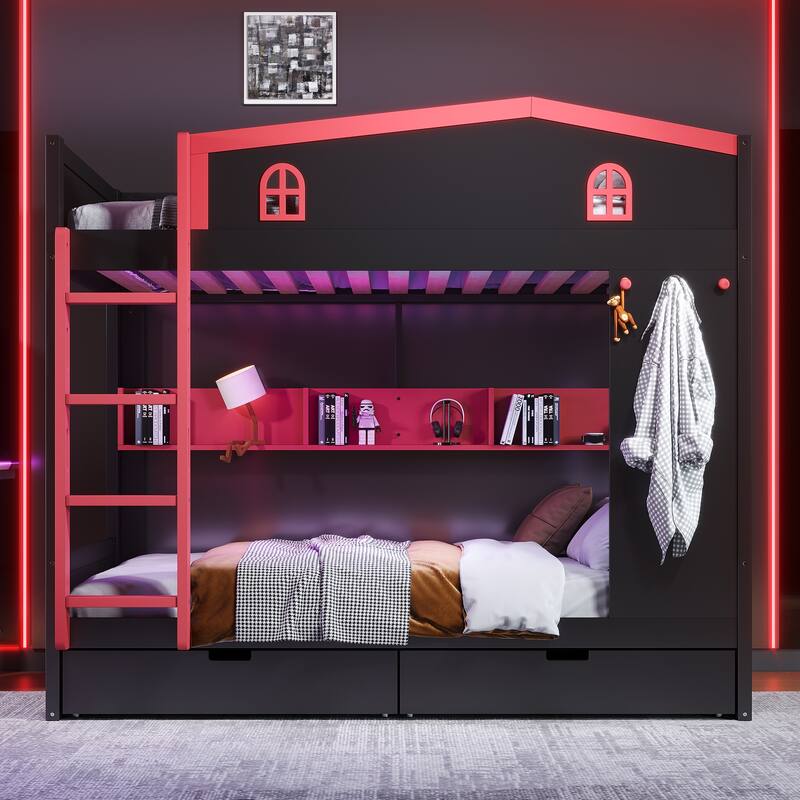 Queen over Queen Bunk Bed with Storage Drawers and Shelves, Solid Wood Bunk Beds with hooks, No Box Spring Needed