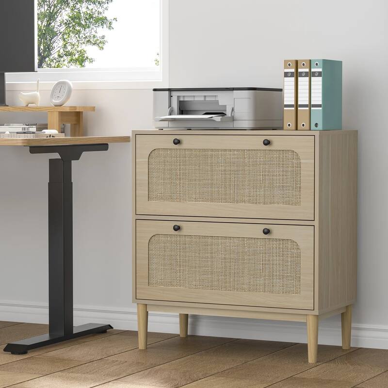 Anmytek Wood Rattan 2 Drawer Lateral File Cabinet with Adjustable Hanging Bar for Letter / A4 / Legal Size Files