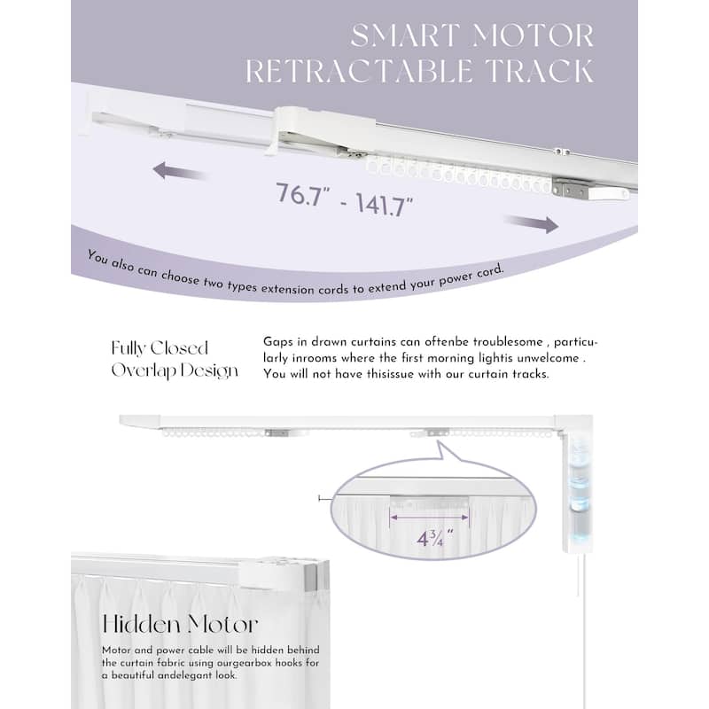 Smart Curtain System, Retractable Motorized Curtain Rail Compatible with Alexa Google (77" to 141" Width),White