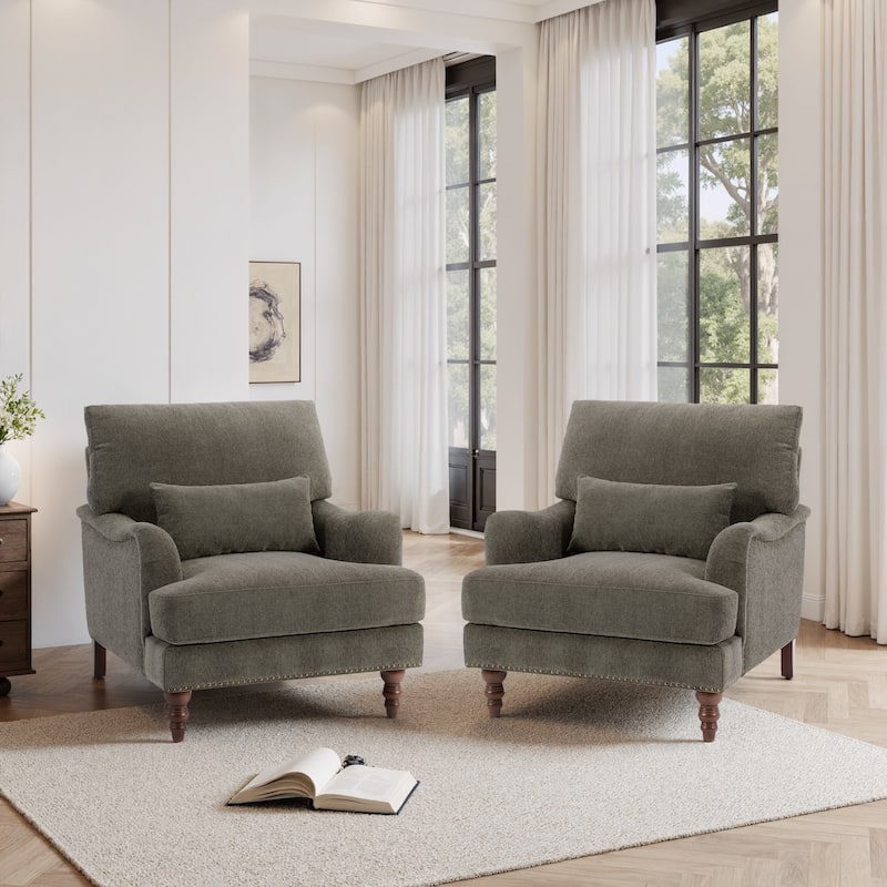 Set of 2 Mid Century Chenille Upholstered Accent Chairs - Tan