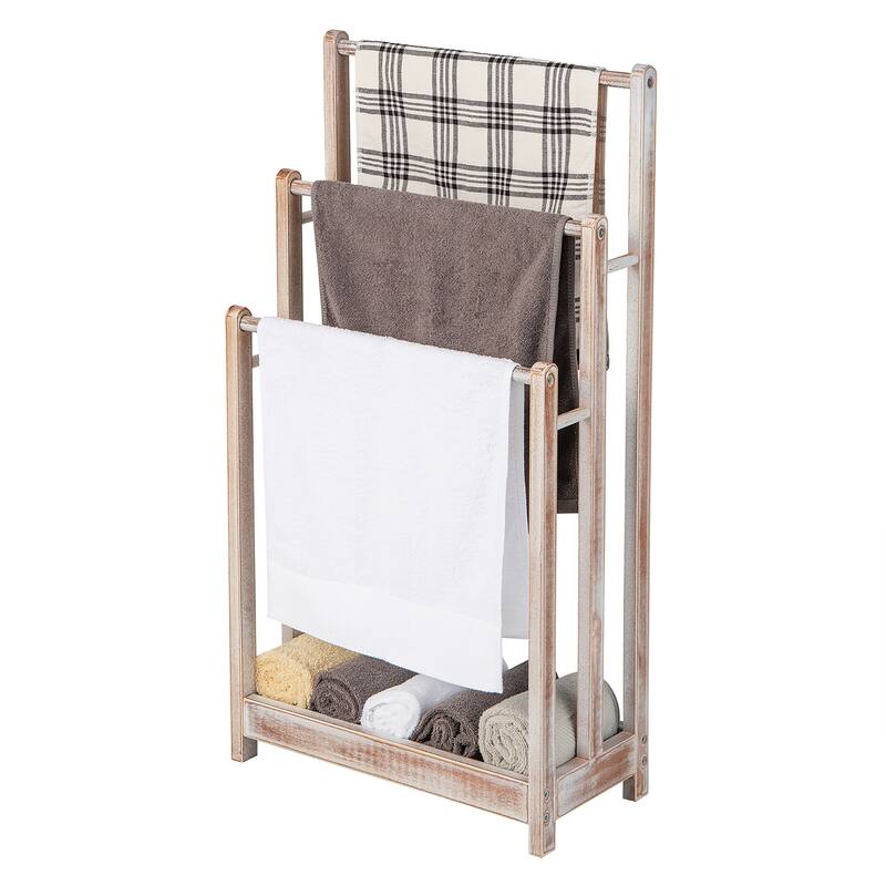 Gymax 3-Bar Freestanding Towel Rack w/ Bottom Storage Shelf - White - Wood Finish
