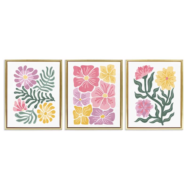 Stupell Minimal Spring Hue Flowers Framed Floater Canvas Wall Art Design By Kim Allen (Set of 3) - 17 x 21 - Gold