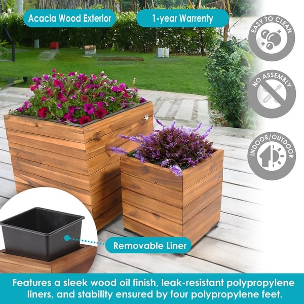 2-Piece Large Acacia Wood Square Planter Boxes with Plastic Liners - Bed  Bath & Beyond - 39179204