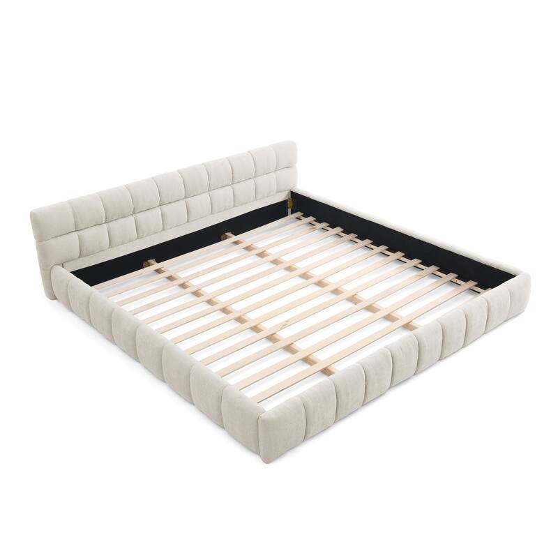 King Size Upholstered Floor Bed Frame with Thick Headboard, Chenille Fabric King Platform Bed w/Solid Frame, Wood Slats Support