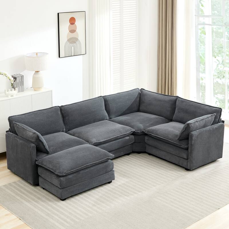 5-Seater Corduroy Sectional Sofa with a Removable Ottoman & Corner Seat, Soft & Comfortable - 4 Seats with 1 Ottoman - Basalt Grey