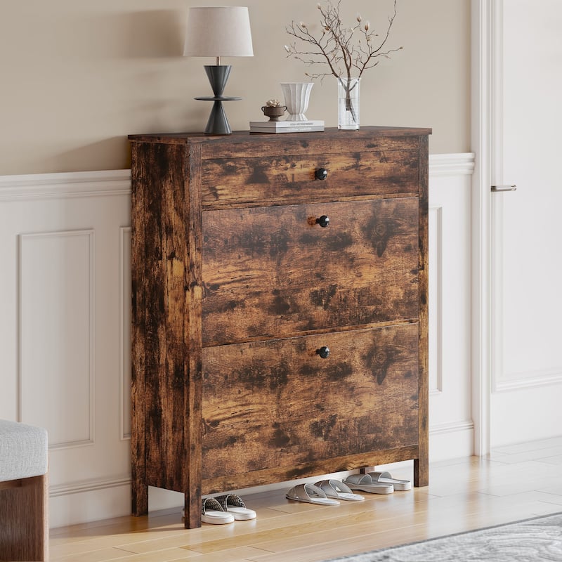 Moasis Narrow Shoe Cabinet with 2 Flip Drawers Adjustable Shoe Rack for Entryway