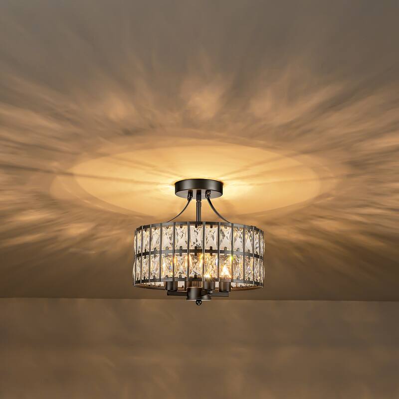 4-Light 13-inch Mid-Century Modern Crystal Drum Ceiling Light Lantern Crystal Semi-Flush Mount Light