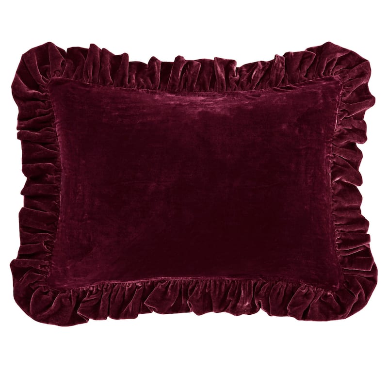 HiEnd Accents Stella Faux Silk Velvet Romantic Western Ruffled Dutch Euro Pillow, 27x39 inch - Garnet Red