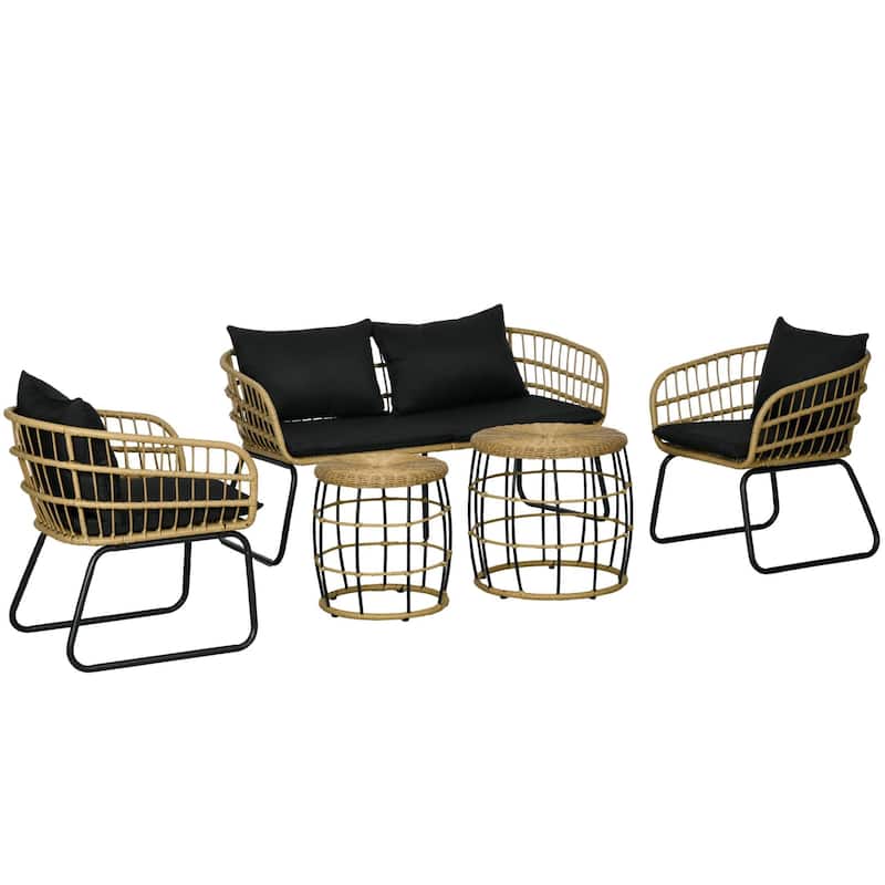 5PC PE Rattan Outdoor Furniture Set with Cushioned Chairs,Sofa,Table