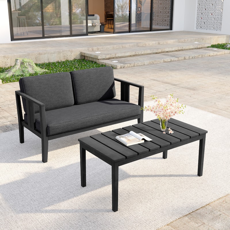 Casual 53"W Outdoor Patio Loveseat Set In Solid Teak Wood with Cushion - Dark Wood - Dark Grey