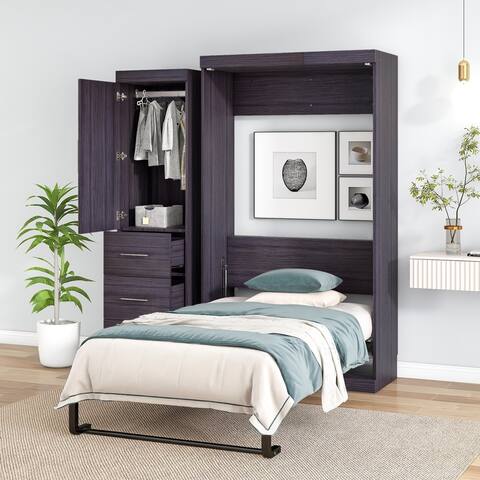 Twin Size Storage Murphy Bed with Wardrobe and Drawers, Save Space Wood Wall Bed Frame, Can be Folded into a Cabinet, Grey