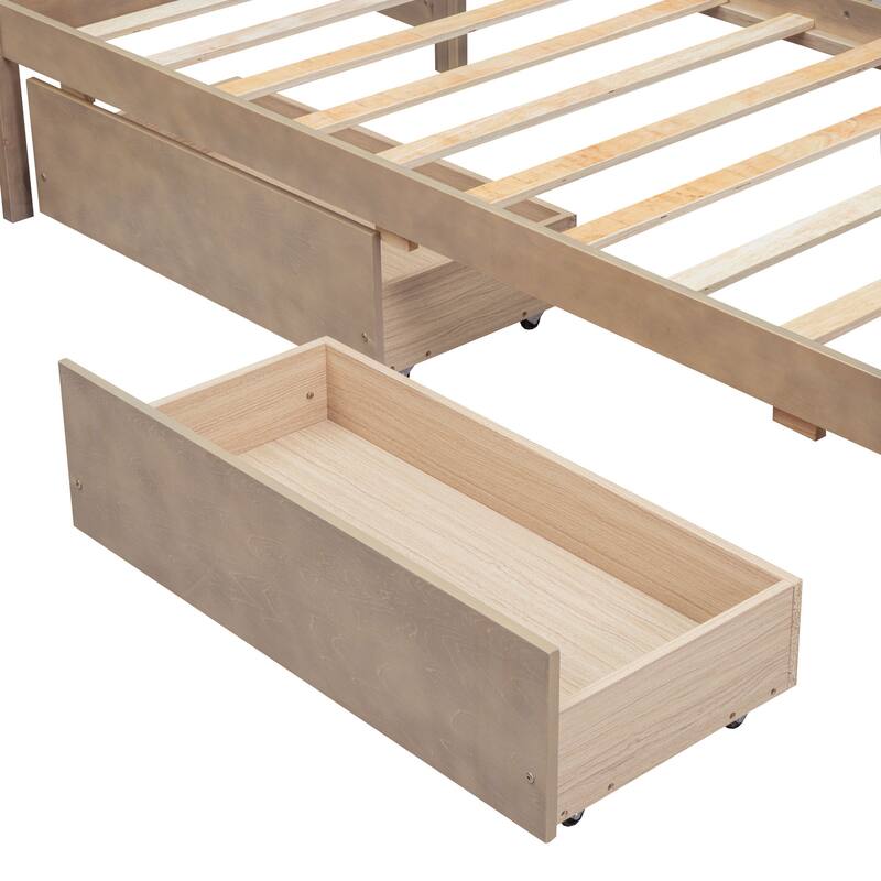 Twin Size L-shaped Platform Bed with Three Storage Drawers, Natural