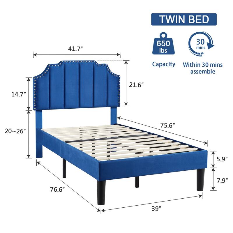 Javlergo Upholstered Platform Bed with Height Adjustable Nailhead Trimmed Curved Headboard Heavy Duty No Box Spring Needed Bed