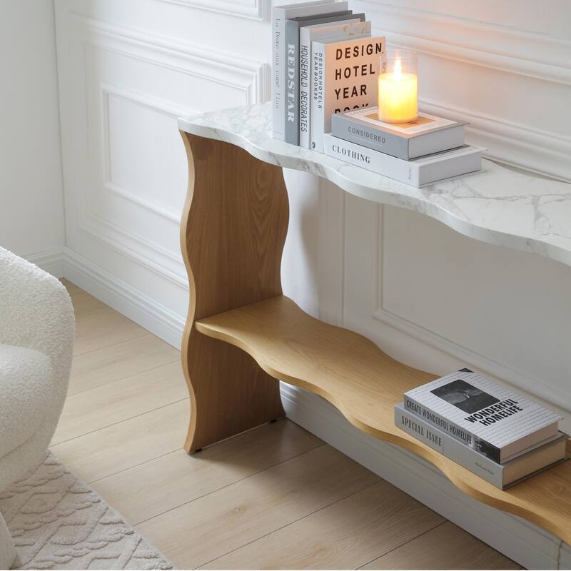 Modern Marble-Pattern Console Table Sofa Table Entryway Table with Open Storage Shelf, for Living Room, Natural Wood