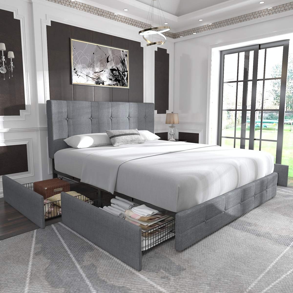 Upholstered Queen Size Platform Bed Frame with 4 Storage Drawers and Headboard