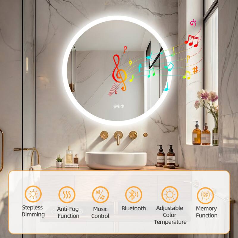 32" Round Wall Illuminated Bathroom Mirror with Lights Bluetooth Speaker Dimmable Defogging - 31.50” x 31.50”