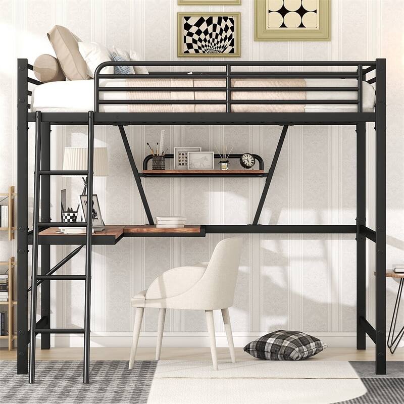 Merax Metal Loft Bed with L-shaped Desk and Shelf - Black - Full