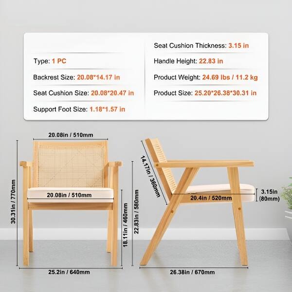dimension image slide 0 of 2, Mid-Century PE Rattan Accent Chair Solid Wood Frame - 25.20" x 26.38" x 30.31"