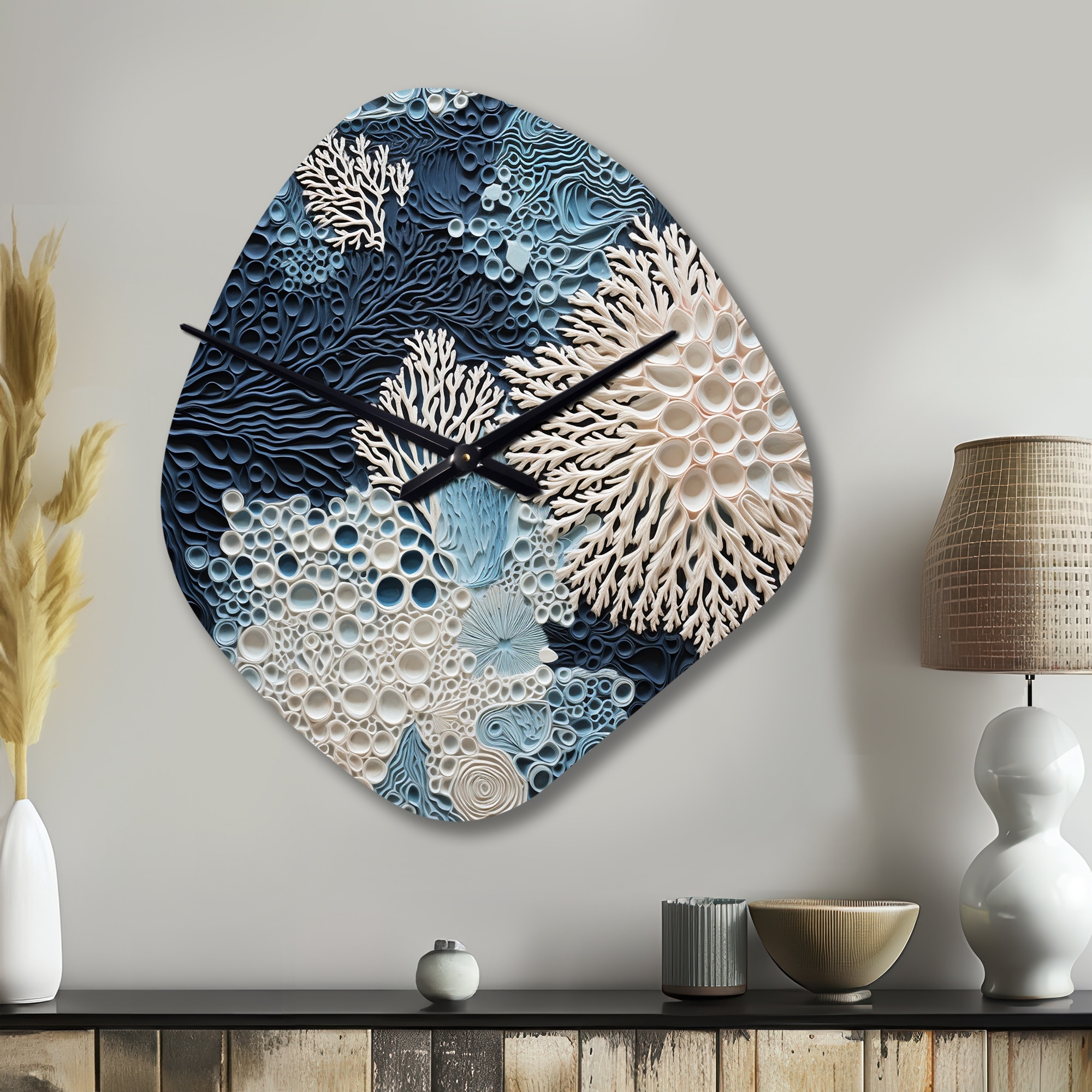 Under Water Blue And White Corals Collage - Coastal Wall Clock in Nebula Shape - Nautical & Coastal Wall Clock