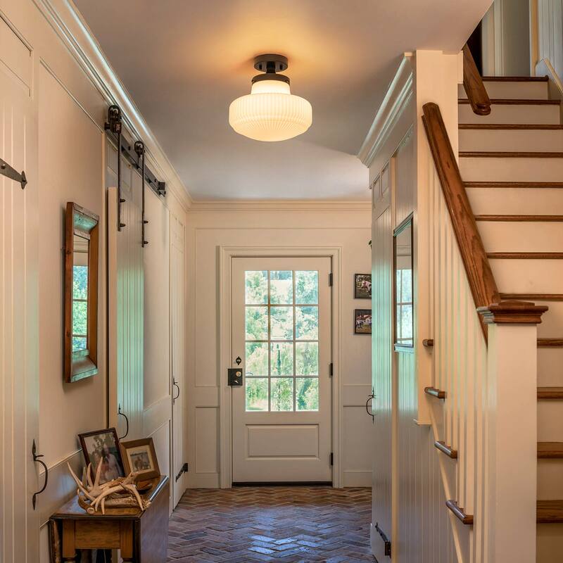 Modern 1-Light Opal Glass Semi Flush Mount - Black - 11-in W x 11-in H