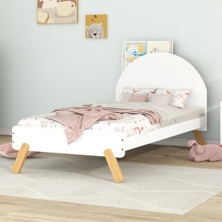 Cute Curved Headboard Wooden Platform Bed with Hidden Shelf