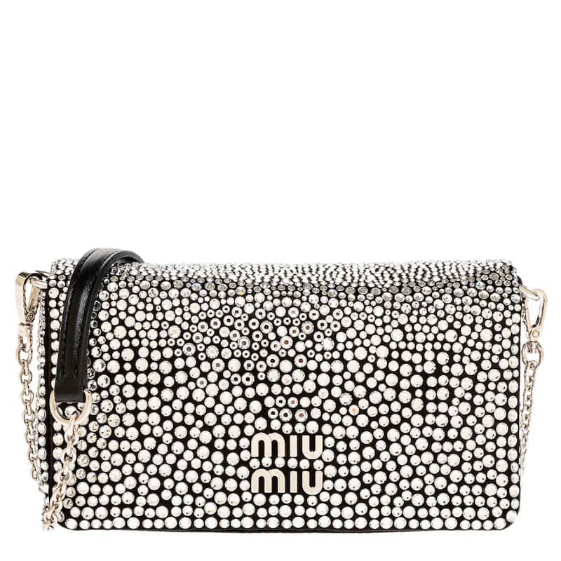 Miu Miu Crystal Embellished Satin Mini Shoulder Bag - Black