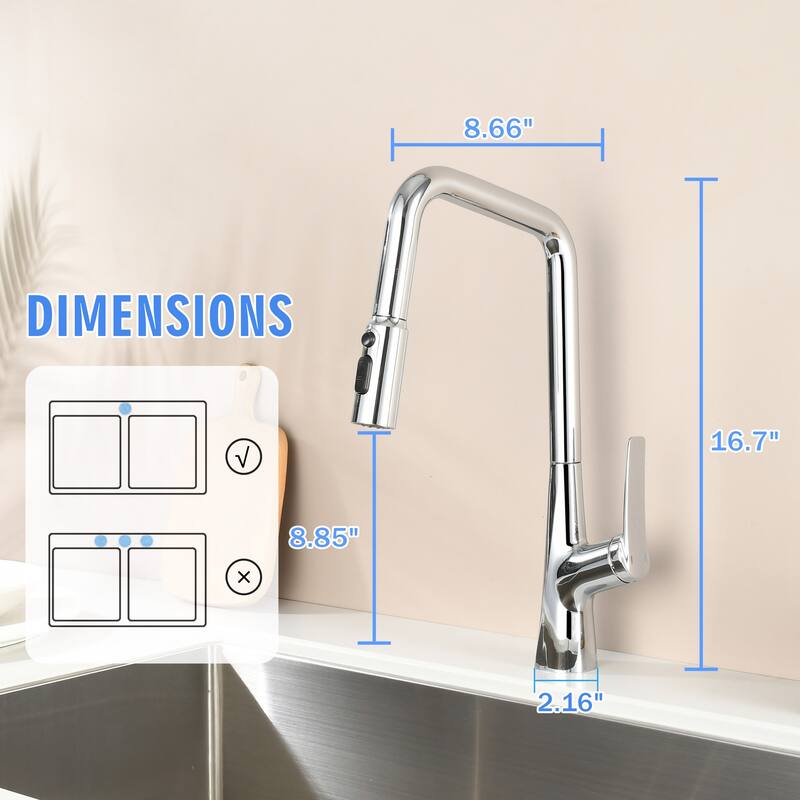 Professional Kitchen Faucet - 3 Function 360 Sprayer, One Touch Switching & Fast Connect​