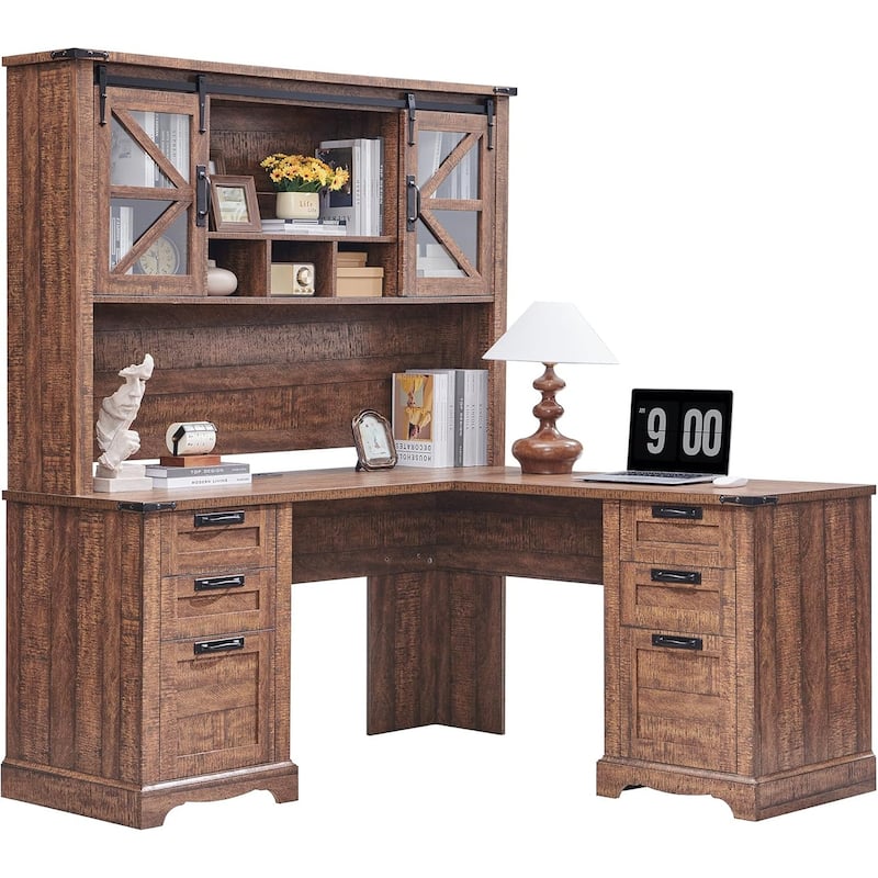Farmhouse L Shaped Desk with Hutch, Wood Desk with Charging Station