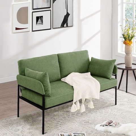 Linen Upholstered Loveseat Sofa,2-Seater Couch with Pillows,with Metal Legs,Green/Navy Blue