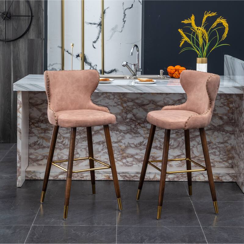 Nailhead Trim High Bar Stool, Faux Leather Bistro Counter Chair with Horn Backrest Kitchen Island Dining Chair, Set of 2
