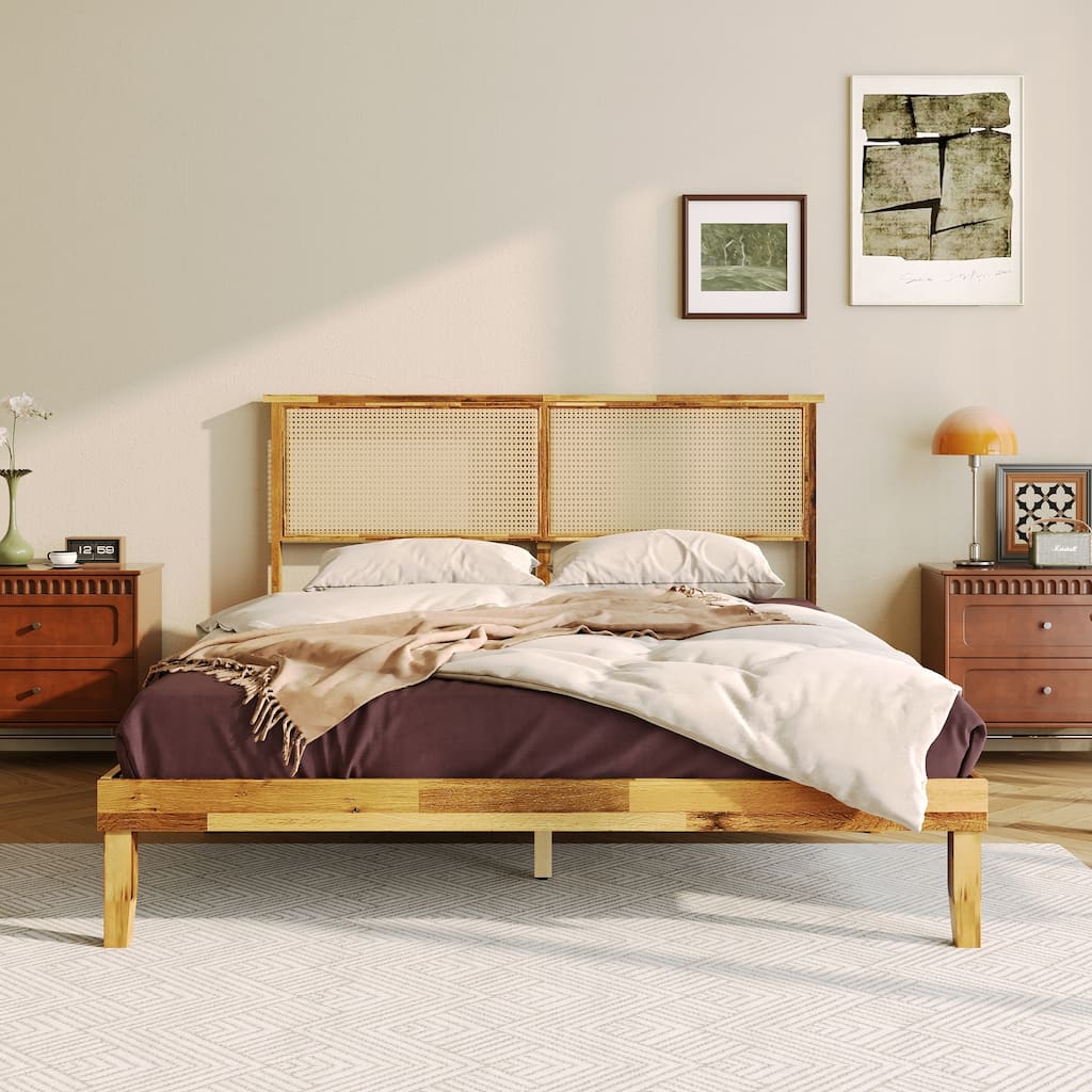 Solid Wood Bed Frame with Cane Headboard, Modern Natural Finish Platform Bed