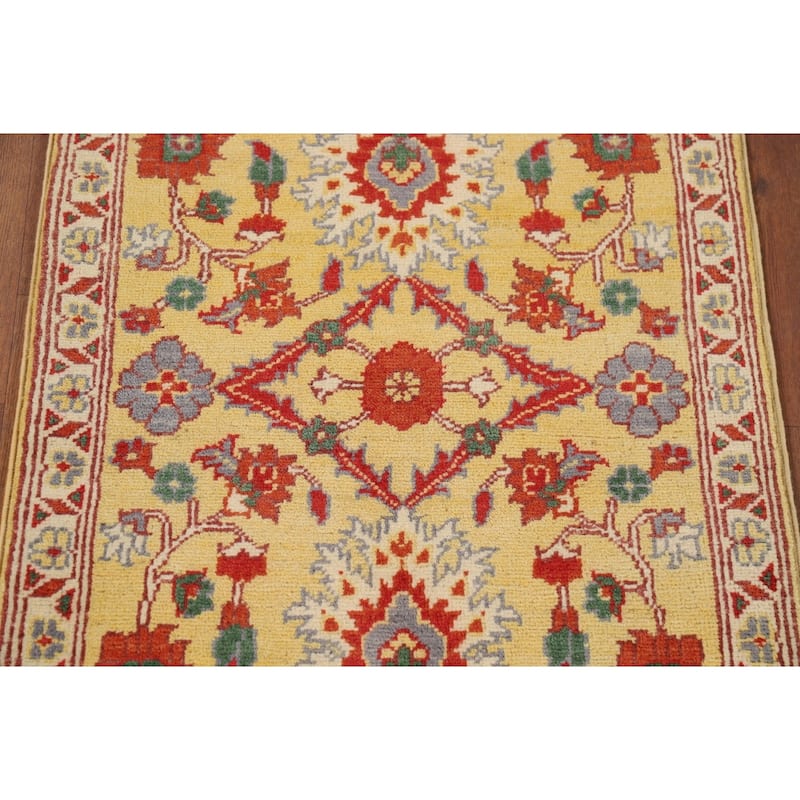 Yellow Kazak Oriental Foyer Rug Hand-Knotted Floral Wool Carpet - 2'0" x 3'0"