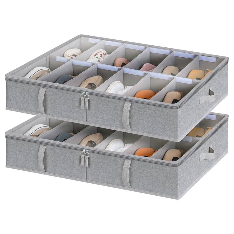 2-Pack Underbed Shoe Storage Organizer with Adjustable Dividers, 24 Pairs Fabric Shoe Storage Box - 30" W x 24.5" D x 5.25" H - Grey