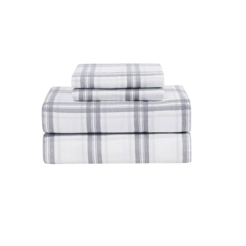 London Fog Solid and Printed Cotton Flannel Sheet Set Collection - Grey Plaid - Twin