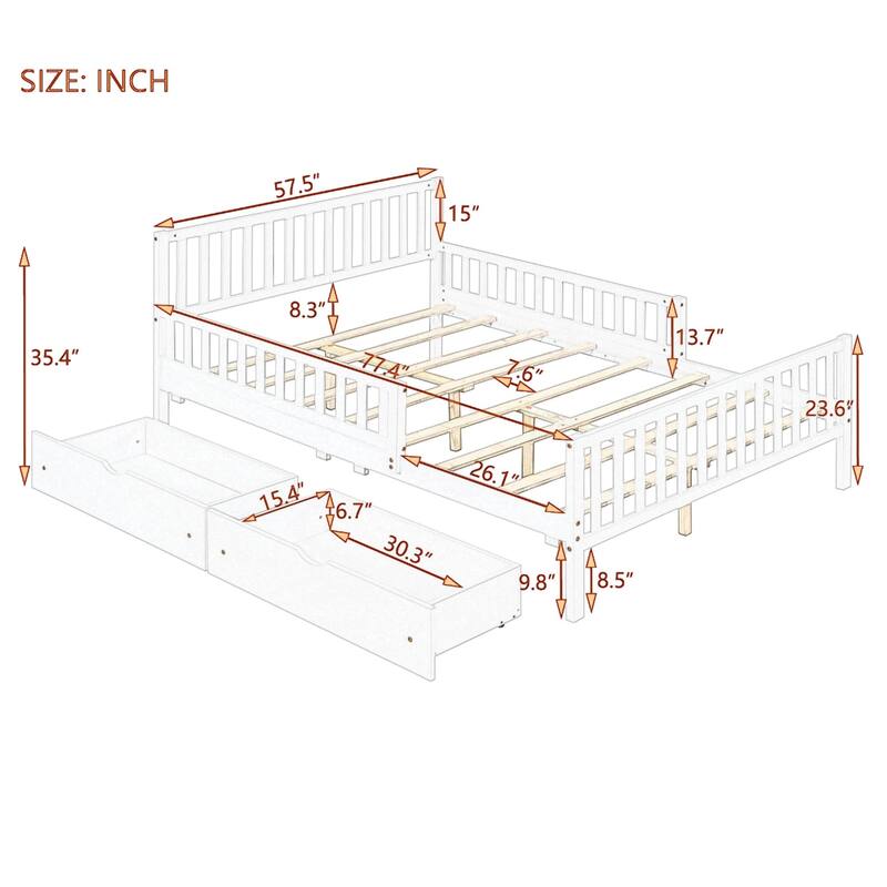 Solid Wood Platform Bed Frame with Guardrail, Drawer