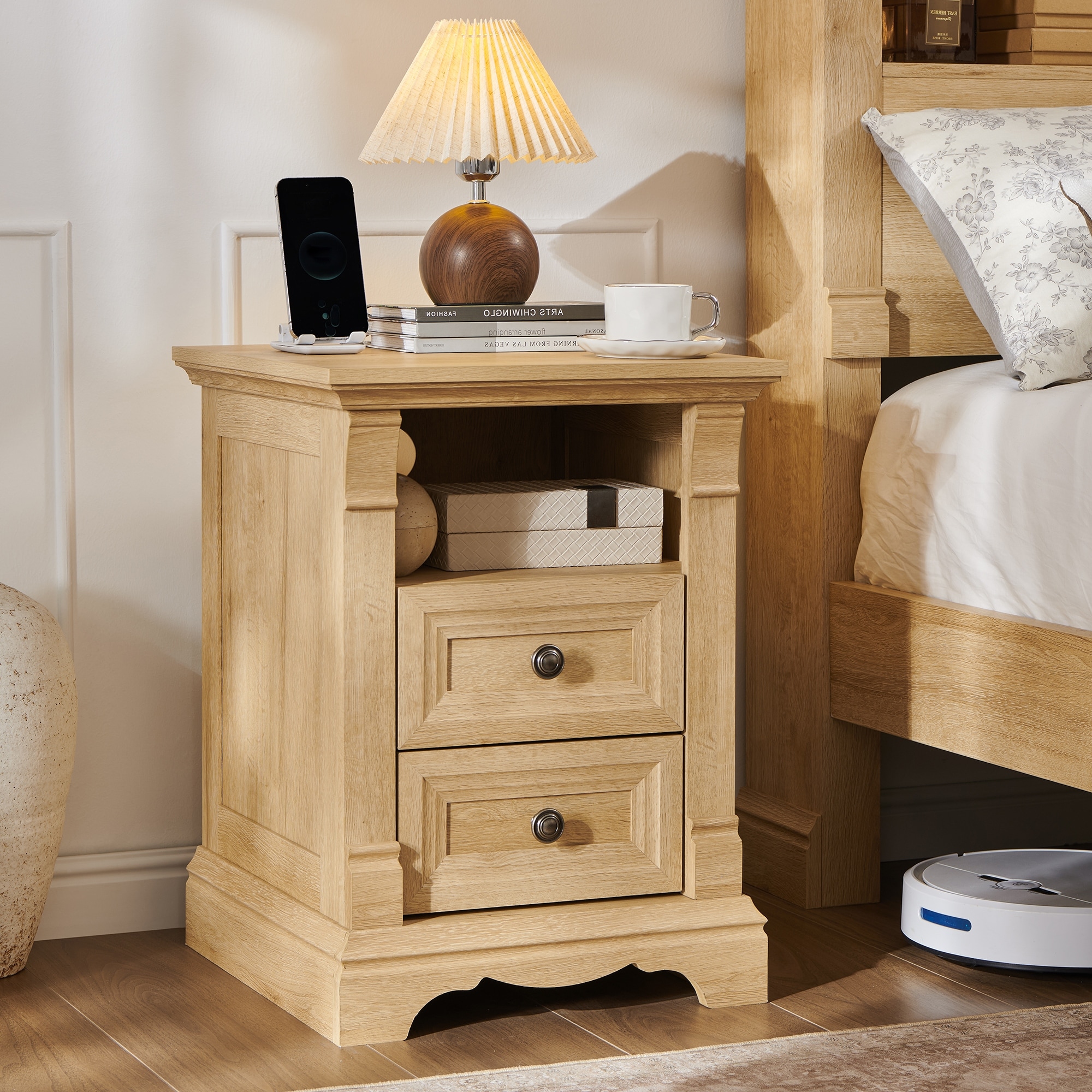 Farmhouse Nightstand with Charging Station, End Table with 2 Drawers