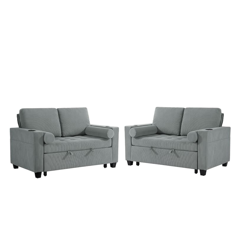 Set of 2 Corduroy Convertible Sleeper Chairs Pull-Out Chair Beds with Adjustable Recline