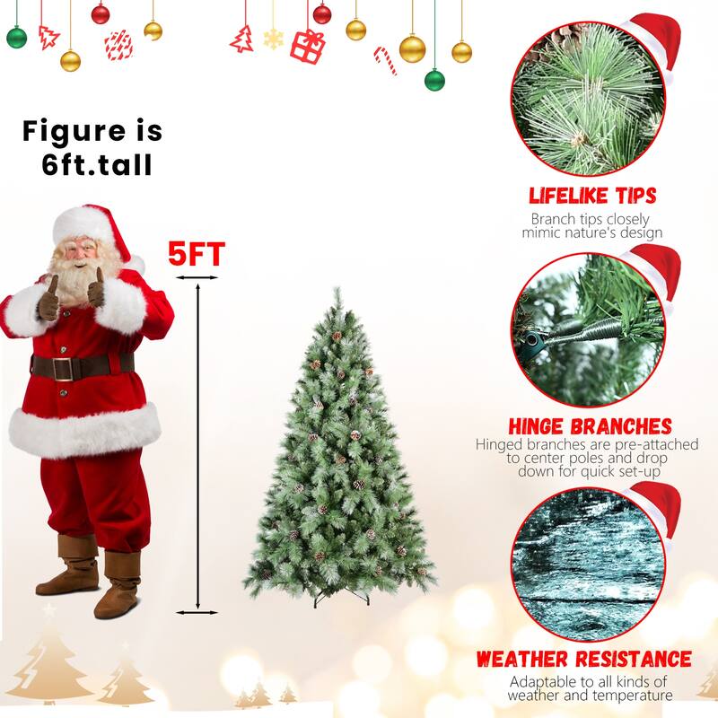Artificial Christmas Tree - PVC & Hard Needle Branches, Pine Cones, Hinged Structure, Metal Stand - Green