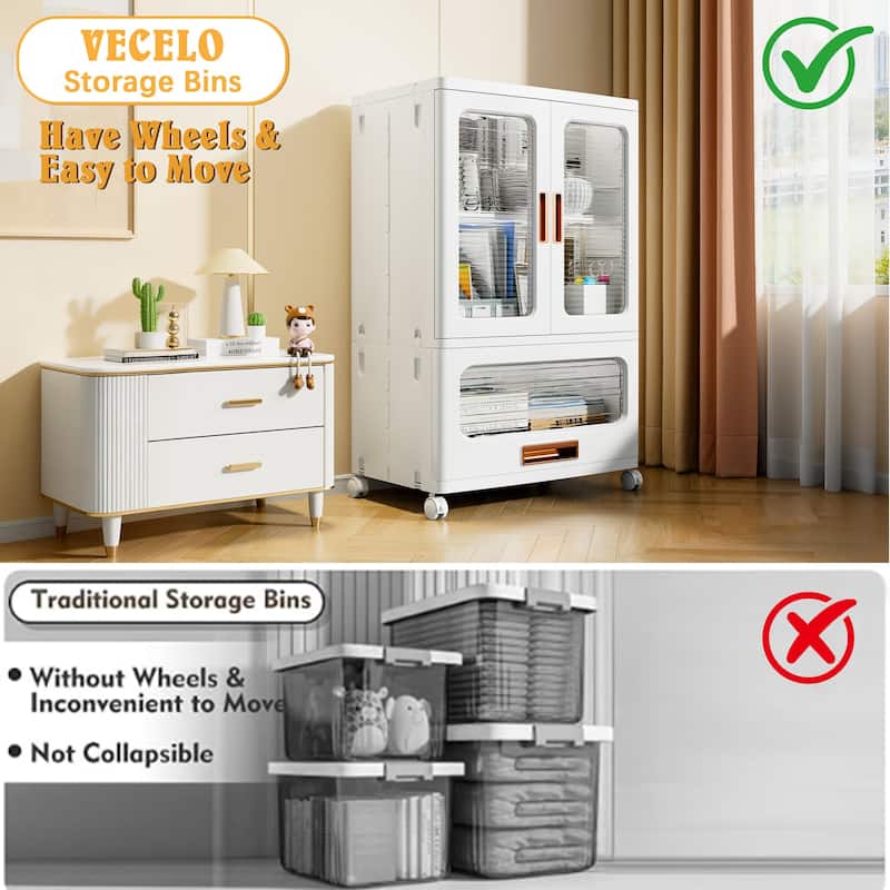 Javlergo 2-Door Plastic Storage Cabinet with Drawer & Wheels White Rolling Storage Organizer with Magnetic Doors for Living Room