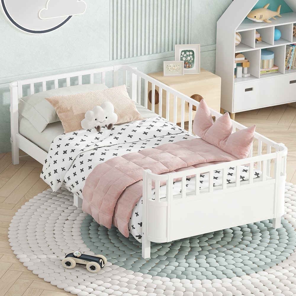 Multi Size Low Platform Bed for Kids with Rounded Corners Guardrails, Detachable Right-side Fence and Open Left-side Design