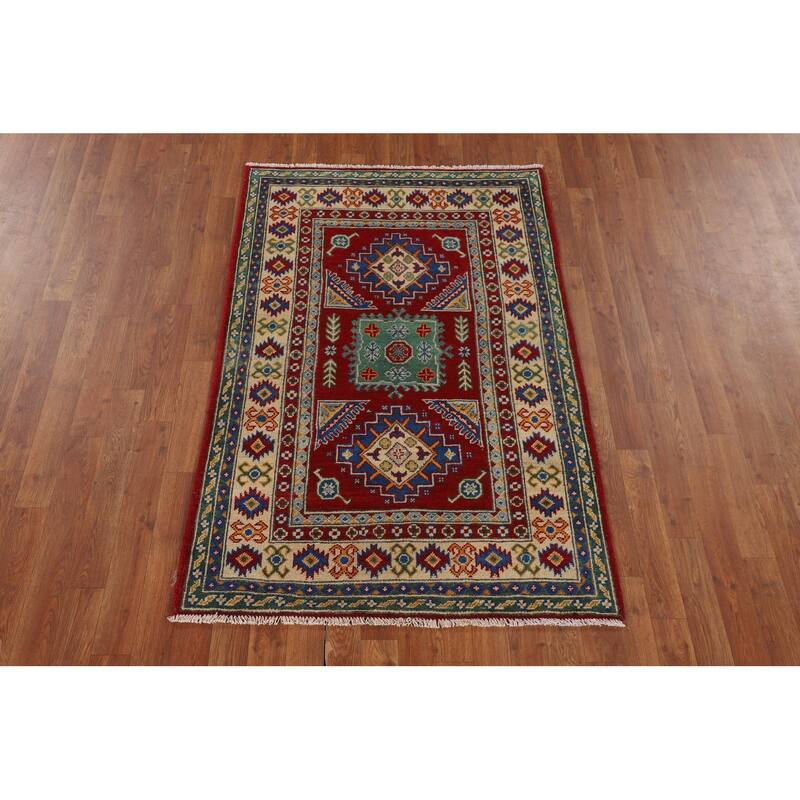 Red Geometric Kazak Oriental Foyer Rug Hand-Knotted Wool Carpet - 3'4" x 5'0"