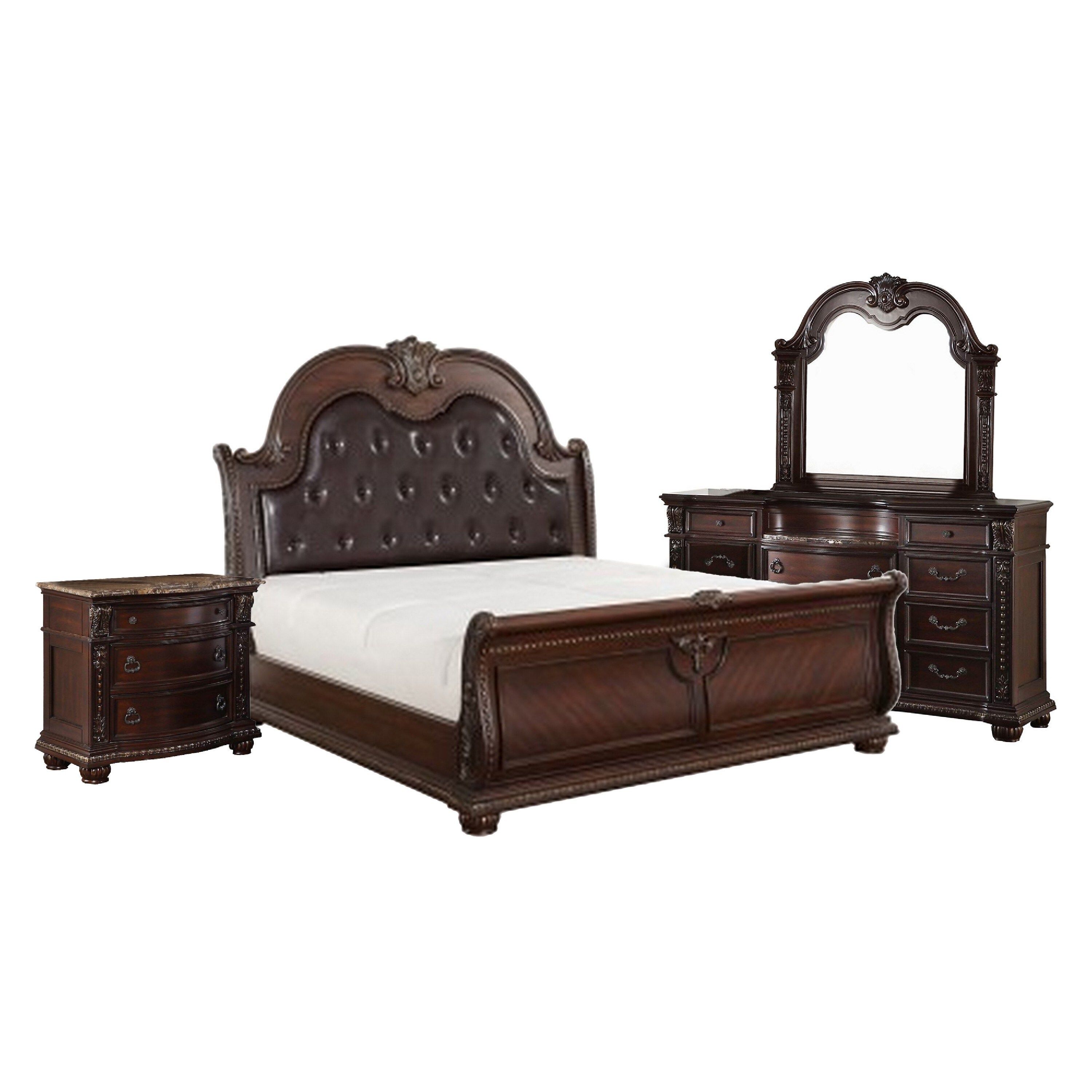 Caitlin Four Pc Queen Bedroom Set, Tufted Faux Leather Headboard