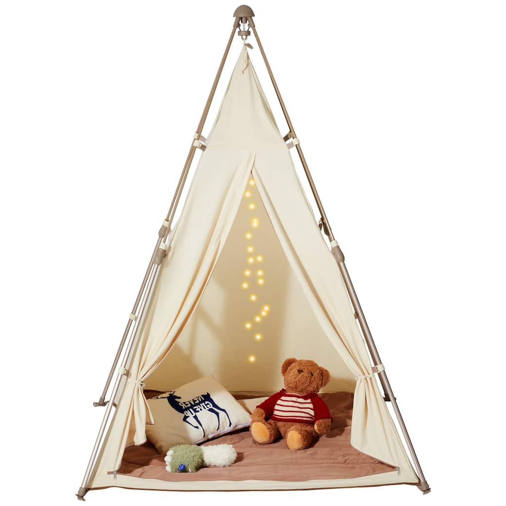 Beige Peach Skin Kids Teepee Tent with Mat, Pop-Up Playhouse for Ages 1 to 5 - 50.4” D x 49.2” W x 68.9” H