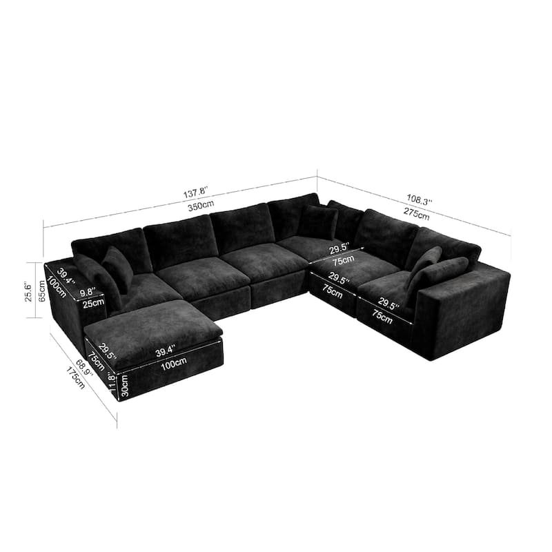 Roomfitters 137.8" Modular Sectional Sofa, 7-Piece Compressed Cloud Couch, No Assembly Required, Plush Corduroy, Black
